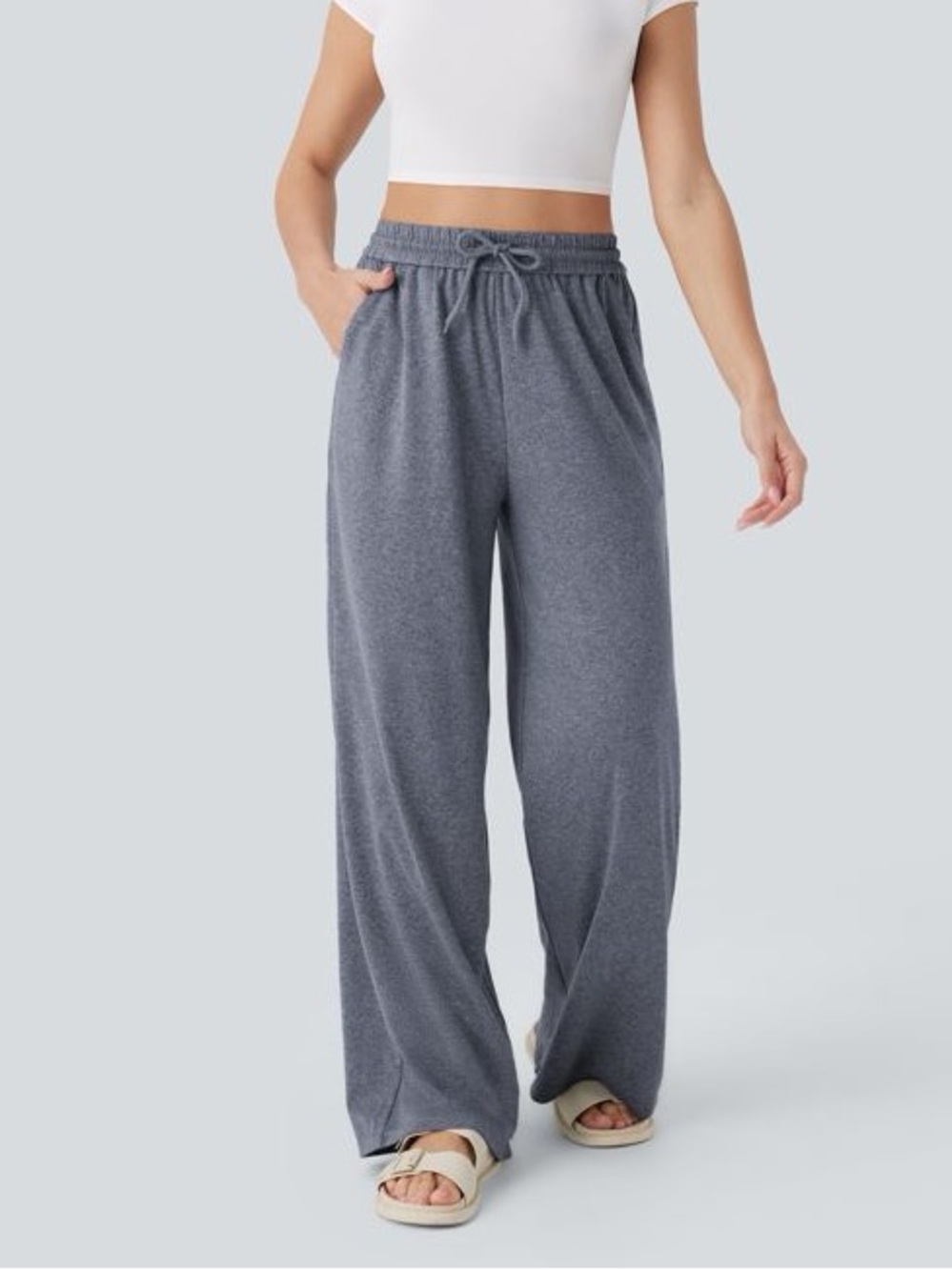 Halara High Waisted Drawstring Pocket Wide Leg Baggy Casual Pants